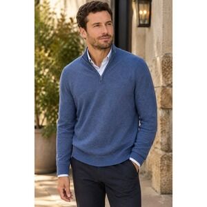 WoolOvers 100% Merino Wool Quarter Zip Sweater Mens L Blue Fine Knit Pullover